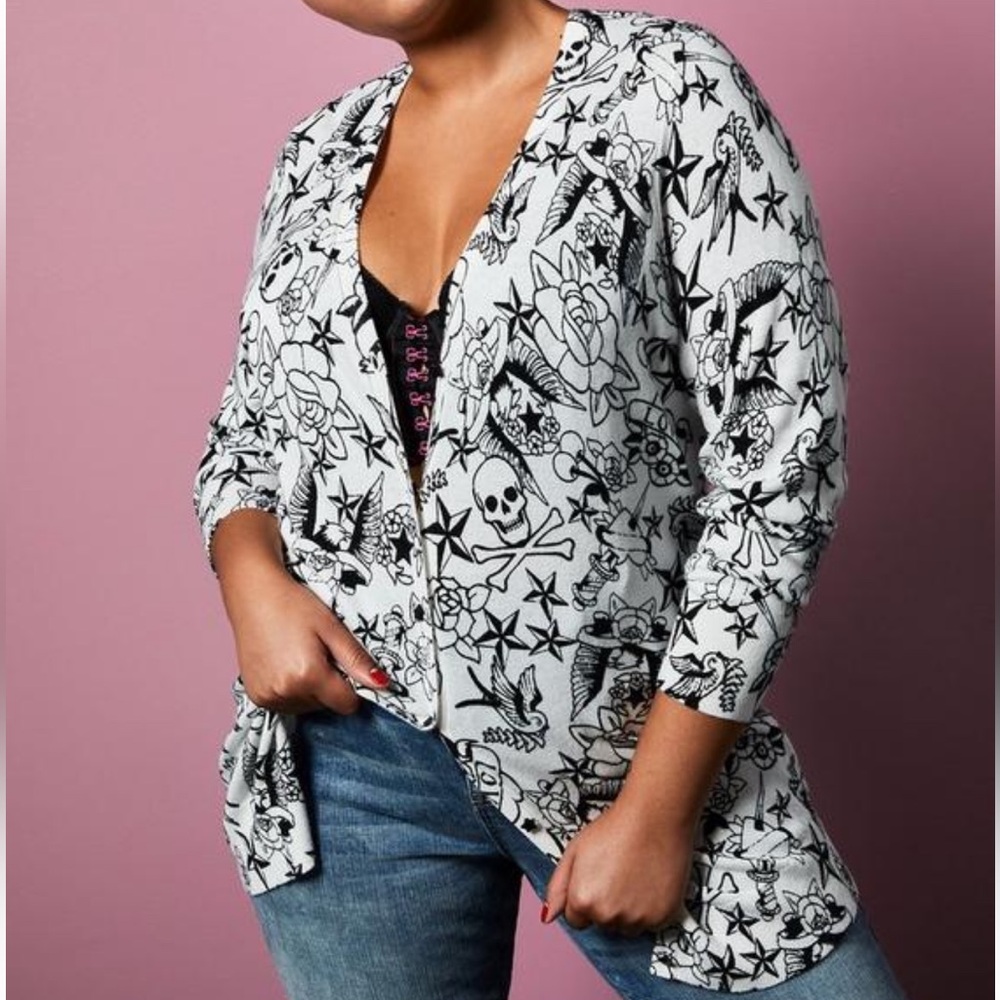Betsey Johnson & Torrid Collaboration Tattoo Print Boyfriend Cardigan Knit